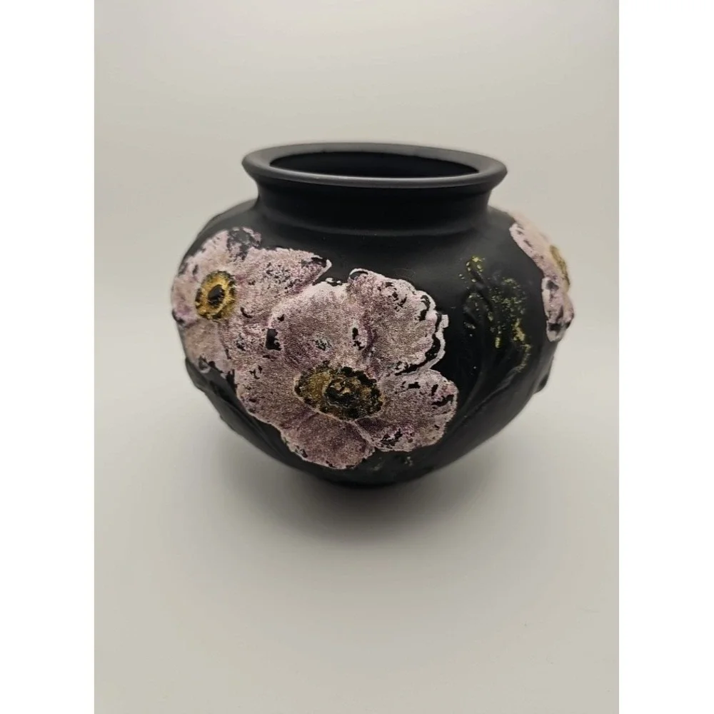 Antique Tiffin Coralene Embossed Handpainted Poppy Vase Black Satin On Amethyst